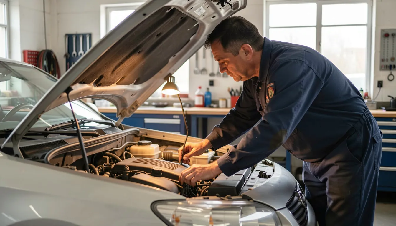 Mécanicien penché sous le capot ouvert d'une voiture essence, une lampe baladeuse éclairant le compartiment moteur dans un atelier