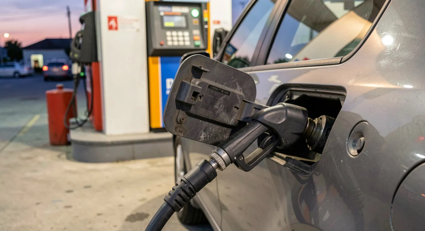 Pistolet de pompe à carburant engagé dans la trappe d'une berline compacte grise, dans une station-service en fin de journée