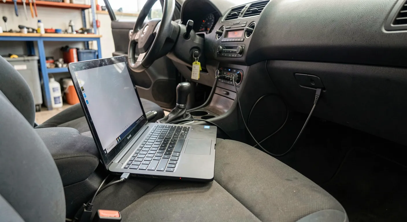 Ordinateur portable posé sur le siège avant d'une voiture, relié par un câble à la prise de diagnostic sous le tableau de bord, dans un atelier